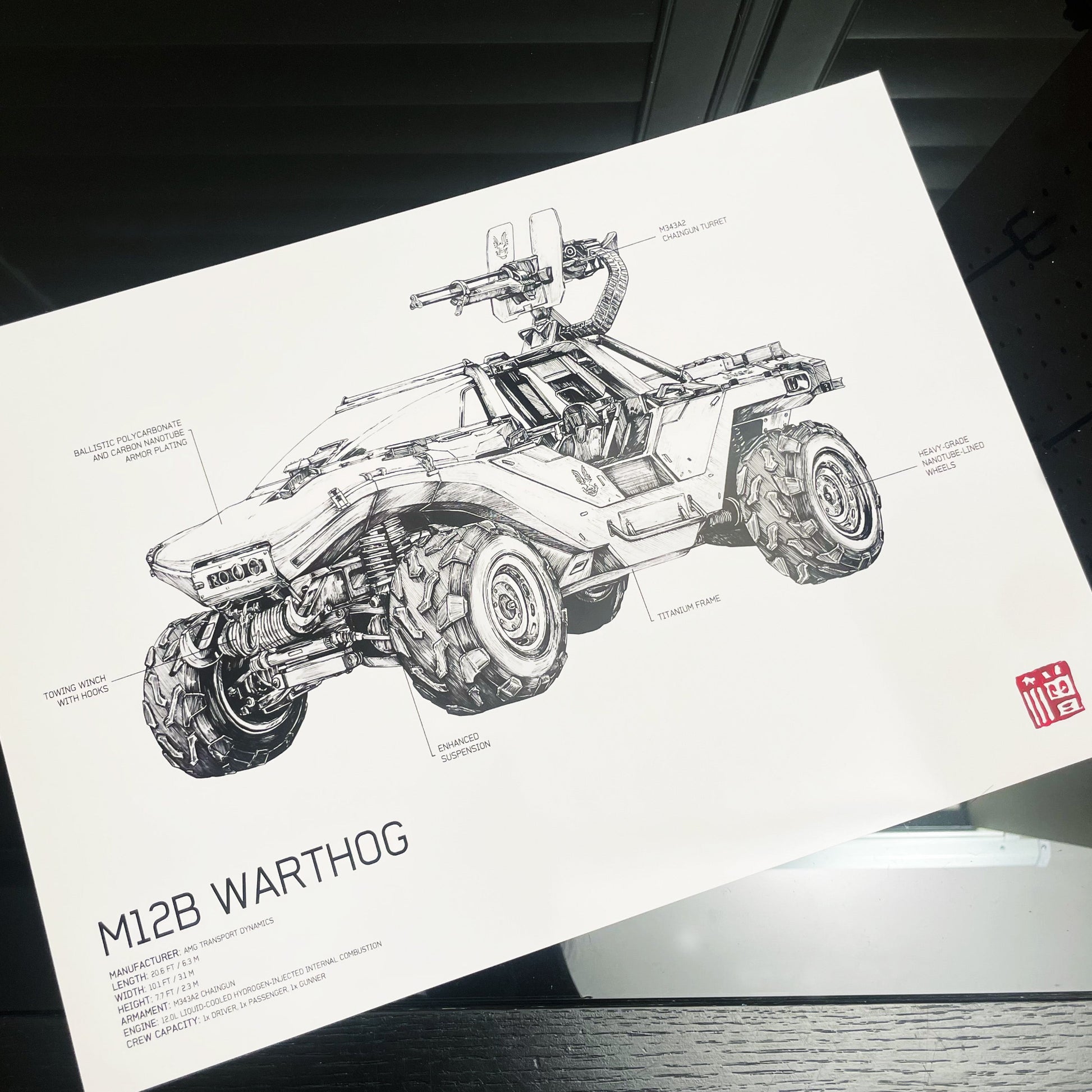 Hand-drawn Halo UNSC M12B Warthog vehicle diagram art print poster, blueprint-style with specifications and annotations, available in A4 and A3 sizes.