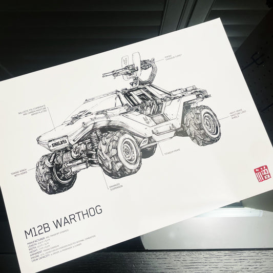 Hand-drawn Halo UNSC M12B Warthog vehicle diagram art print poster, blueprint-style with specifications and annotations, available in A4 and A3 sizes.