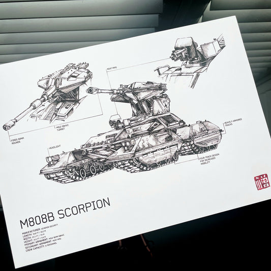 Halo art print/poster of UNSC Vehicle Diagram of M808B Scorpion Main Battle Tank. Featuring a detailed, hand-drawn blueprint-style illustration, annotations, and specifications. 