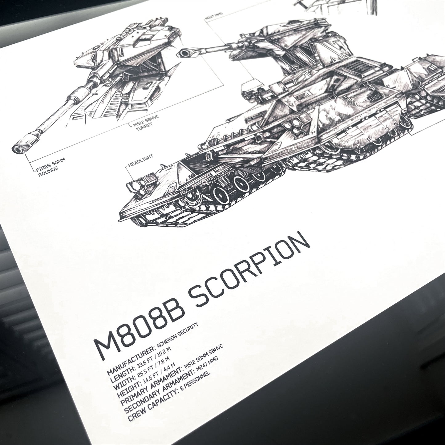 Closeup on text annotations of Halo UNSC M808B Scorpion technical drawing including the vehicle Manufacturer, Length, Width, Height, Primary Armament, Secondary Armament, and Crew Capacity.