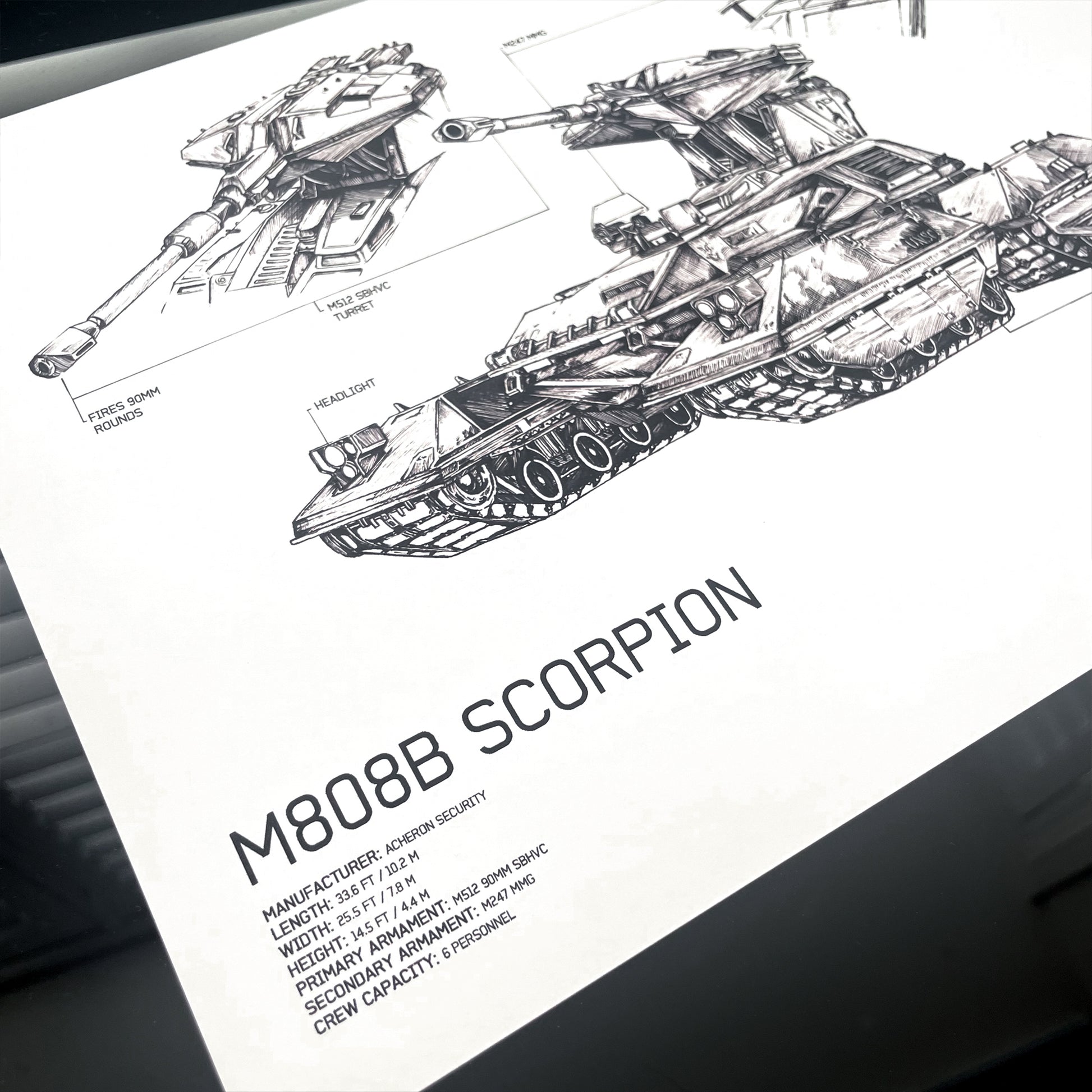 Closeup on text annotations of Halo UNSC M808B Scorpion technical drawing including the vehicle Manufacturer, Length, Width, Height, Primary Armament, Secondary Armament, and Crew Capacity.