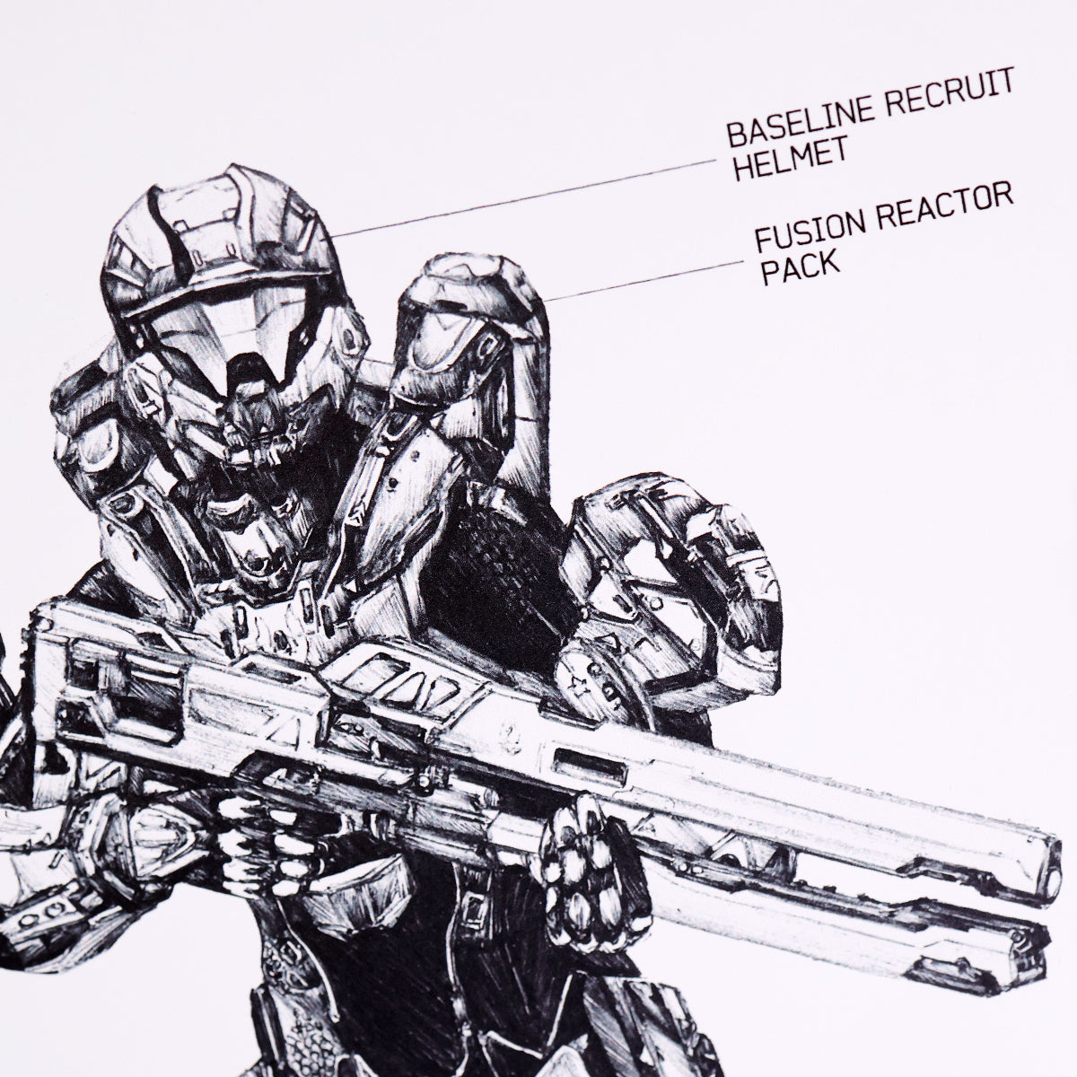 Illustration of a UNSC Spartan IV with labeled helmet and fusion reactor pack closeup.