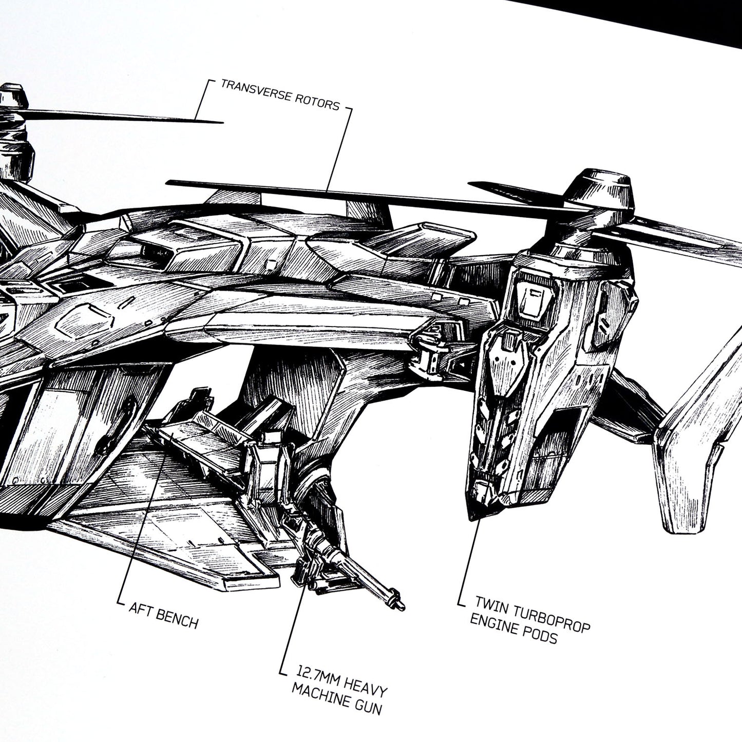 Closeup of hand‑drawn UNSC UH‑144S Falcon vehicle diagram art print, featuring detailed blueprint‑style linework and technical annotations inspired by Halo.