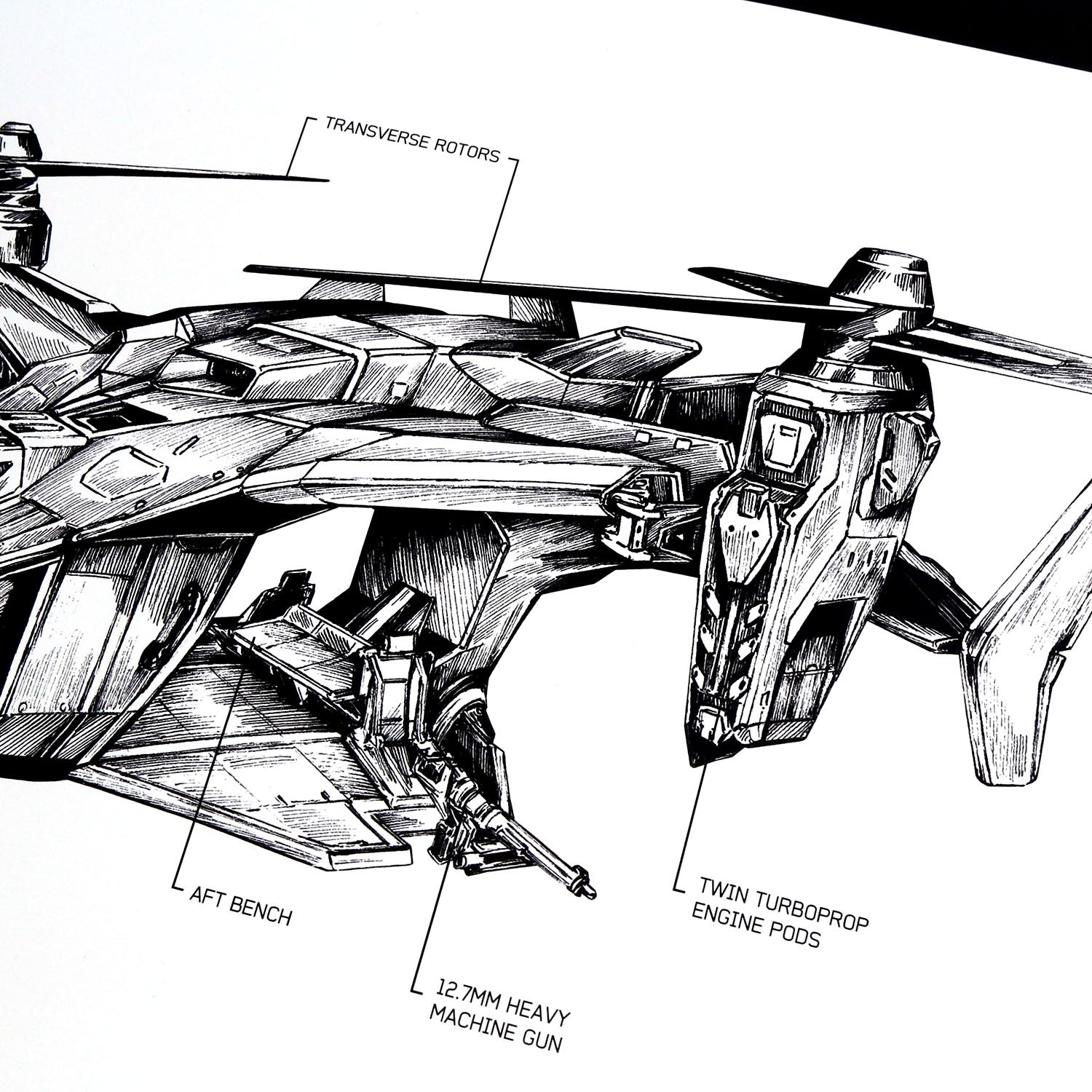 Closeup of hand‑drawn UNSC UH‑144S Falcon vehicle diagram art print, featuring detailed blueprint‑style linework and technical annotations inspired by Halo.