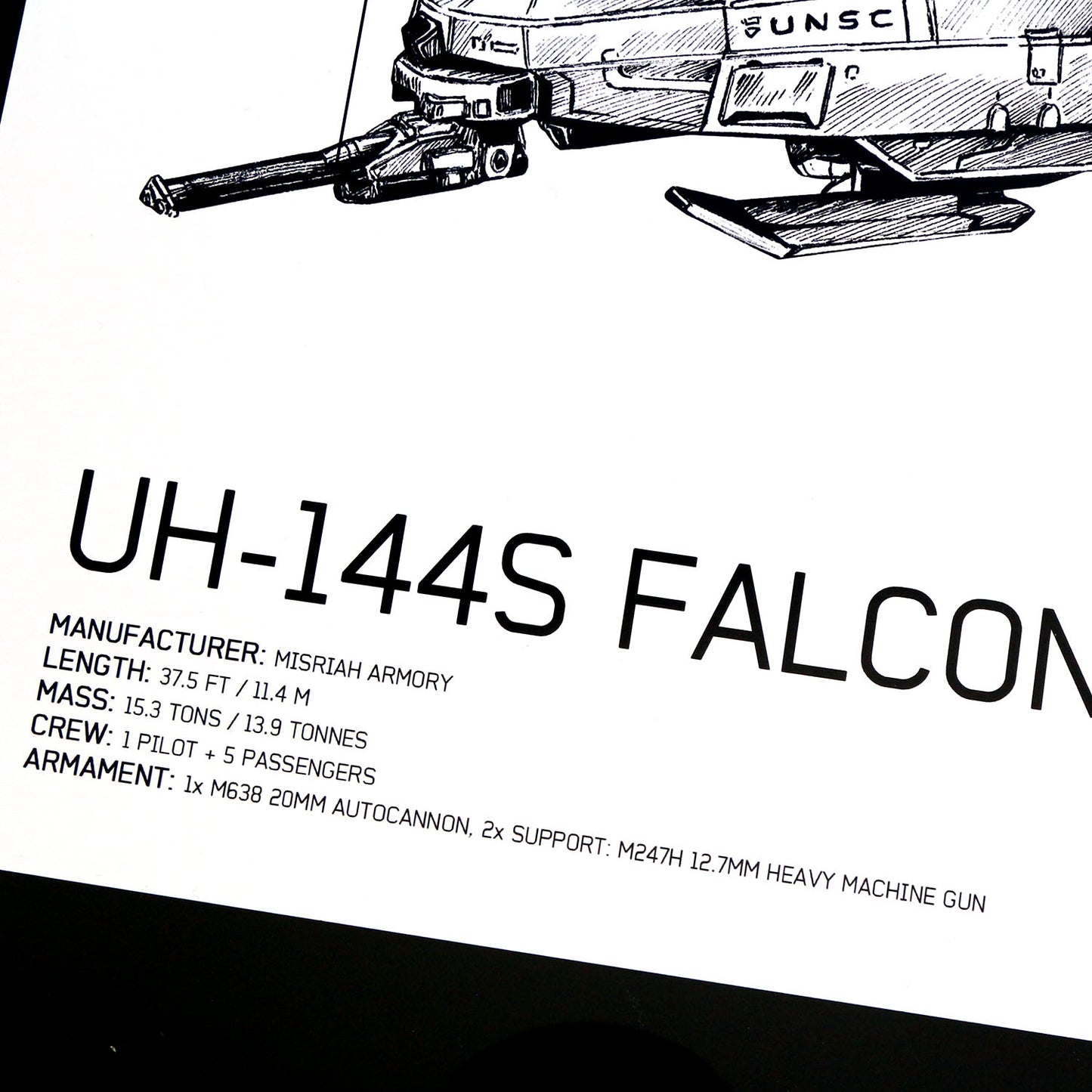 Technical details closeup of hand‑drawn UNSC UH‑144S Falcon vehicle diagram art print.