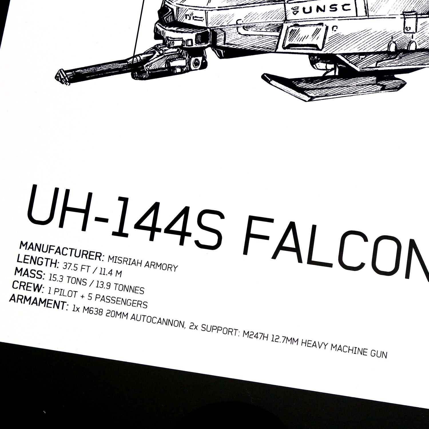Technical details closeup of hand‑drawn UNSC UH‑144S Falcon vehicle diagram art print.
