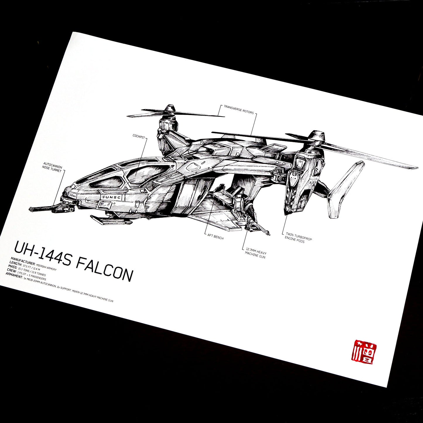 Hand‑drawn UNSC UH‑144S Falcon vehicle diagram art print, featuring detailed blueprint‑style linework and technical annotations inspired by Halo.