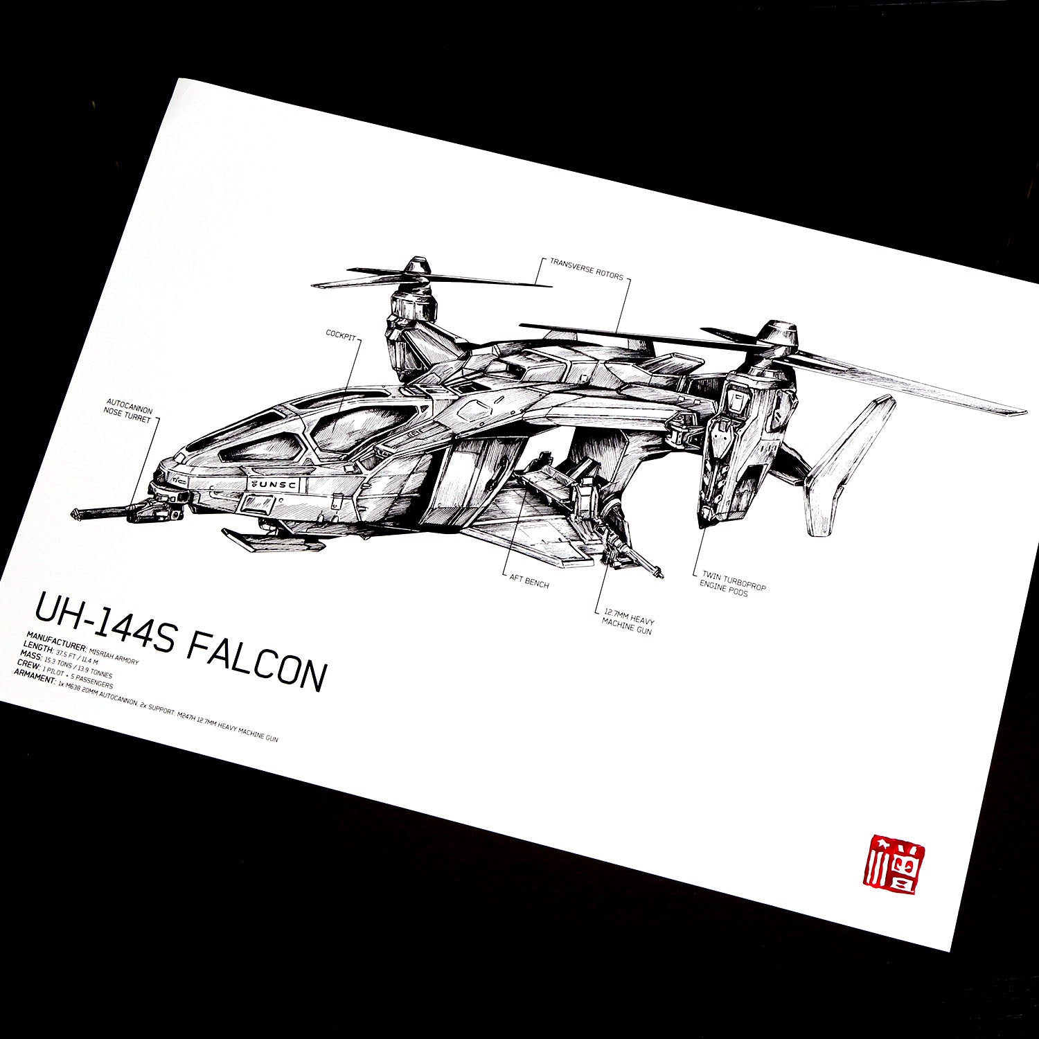 Hand‑drawn UNSC UH‑144S Falcon vehicle diagram art print, featuring detailed blueprint‑style linework and technical annotations inspired by Halo.