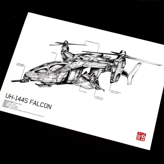 Hand‑drawn UNSC UH‑144S Falcon vehicle diagram art print, featuring detailed blueprint‑style linework and technical annotations inspired by Halo.
