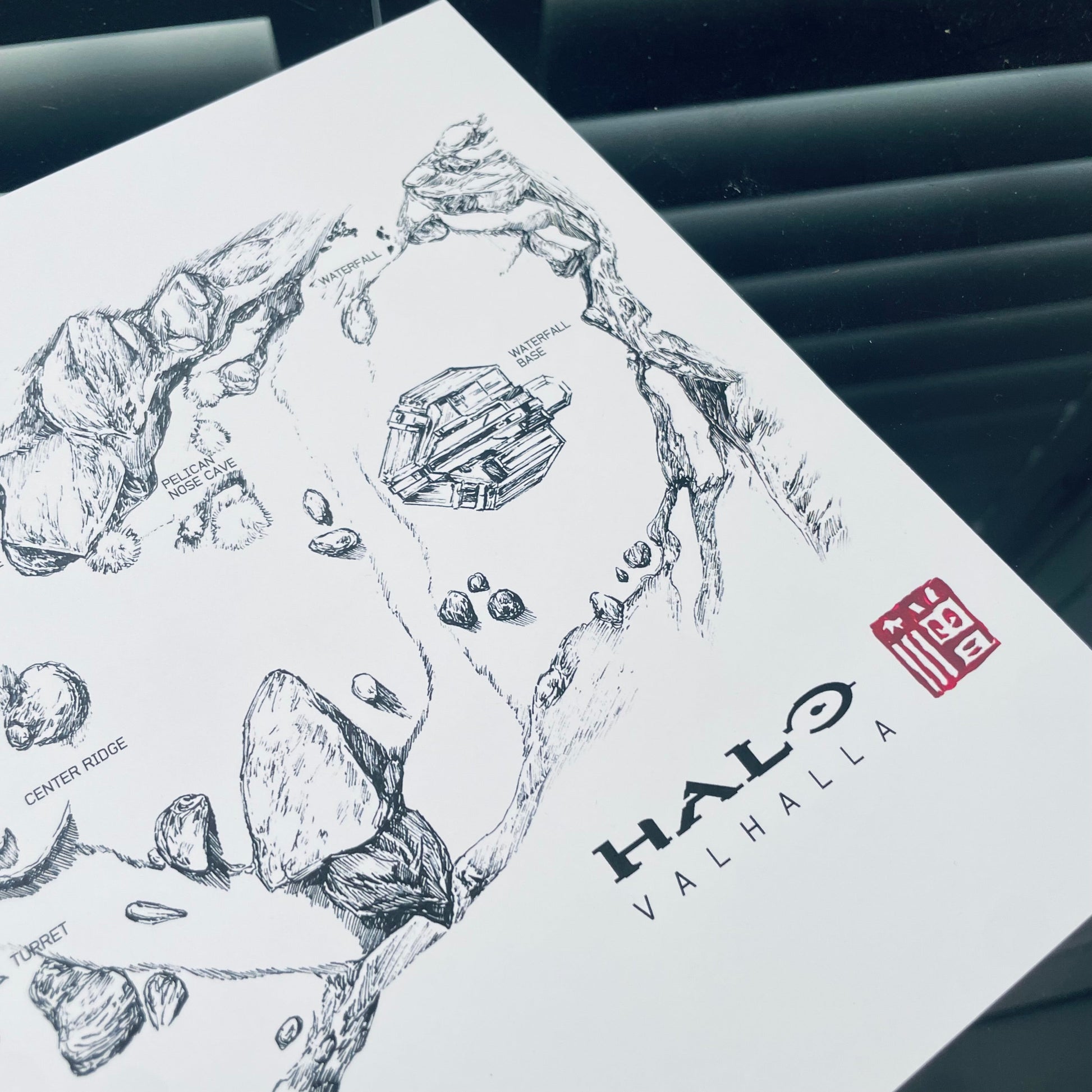 Closeup on left side of original hand-drawn Valhalla map print, inspired by Halo 3. Featuring marked call-outs and key locations.