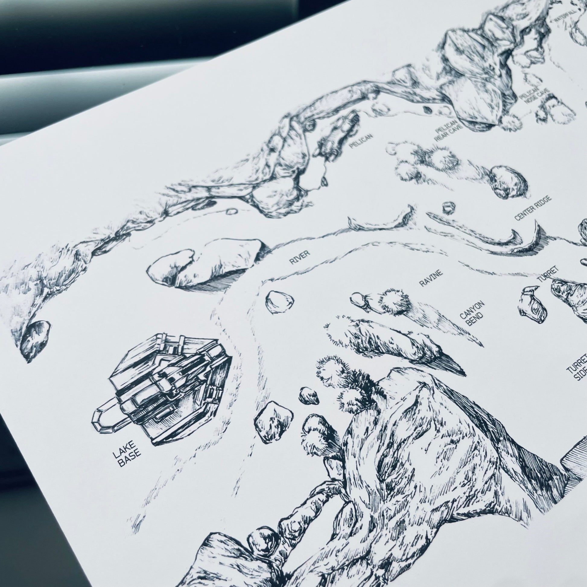 Closeup of original hand-drawn Valhalla map print, inspired by Halo 3.