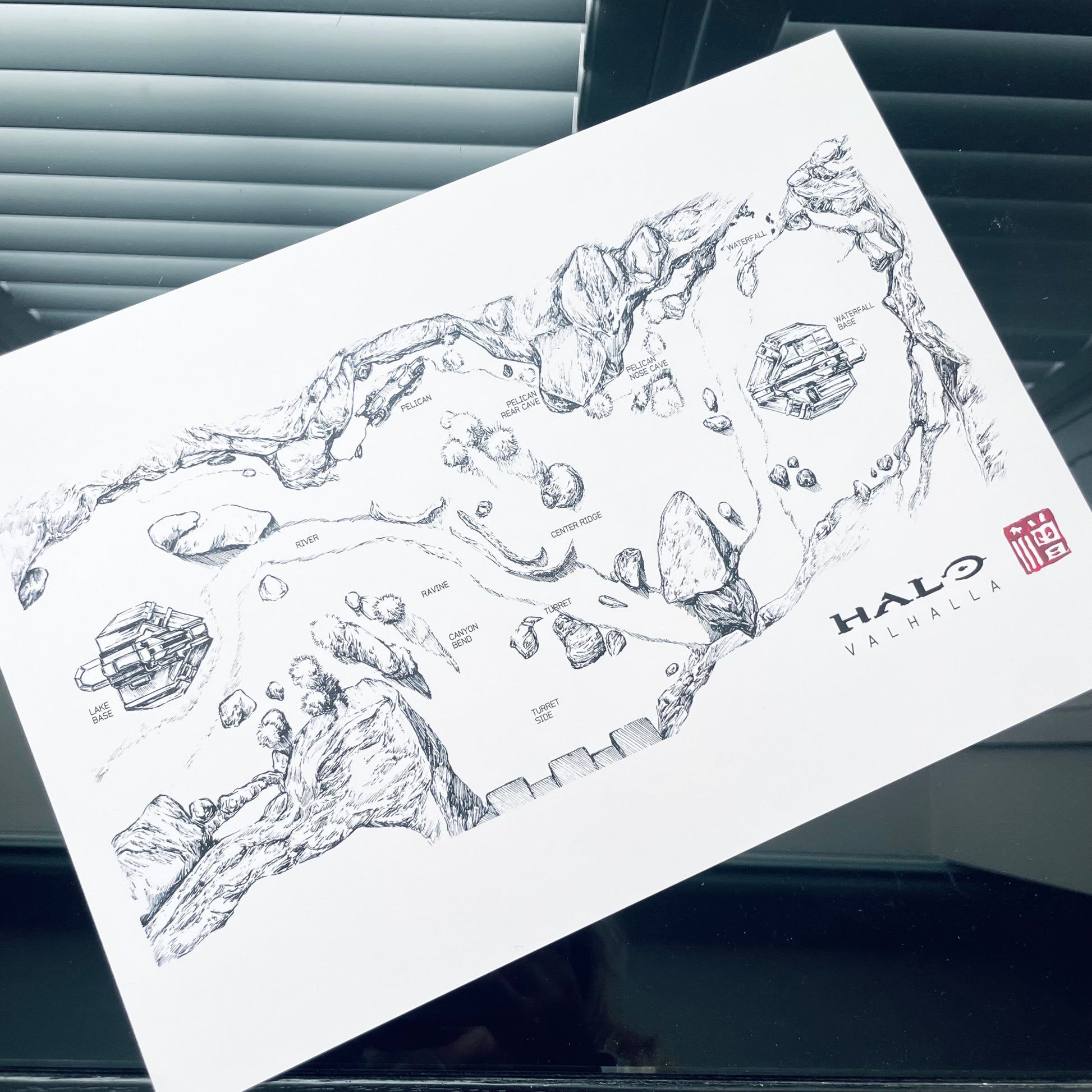 Original hand-drawn Valhalla map print, inspired by Halo 3. Featuring marked call-outs and key locations.