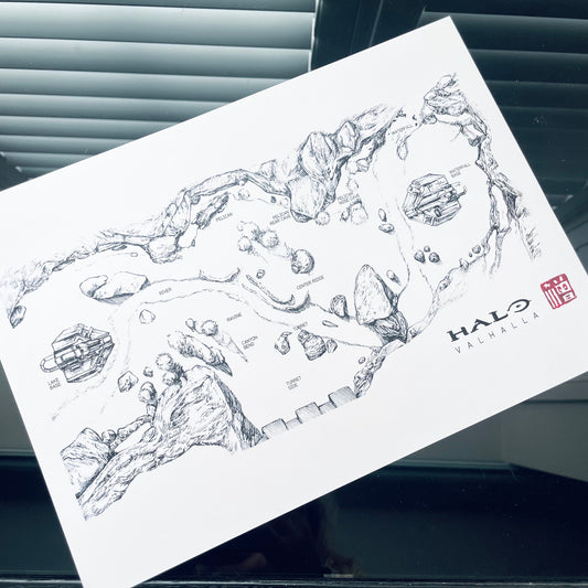 Original hand-drawn Valhalla map print, inspired by Halo 3. Featuring marked call-outs and key locations.