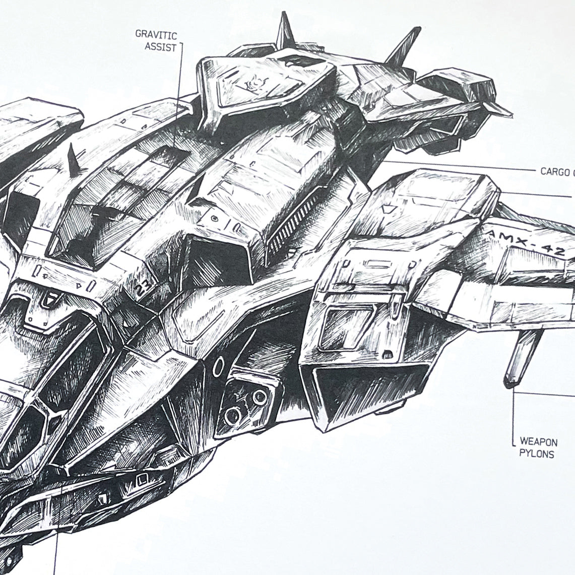 Closeup of a Halo fan art of diagrammatical blueprint-style vehicle prints features a hand-drawn illustration of the UNSC D77-TC Pelican vehicle diagram.