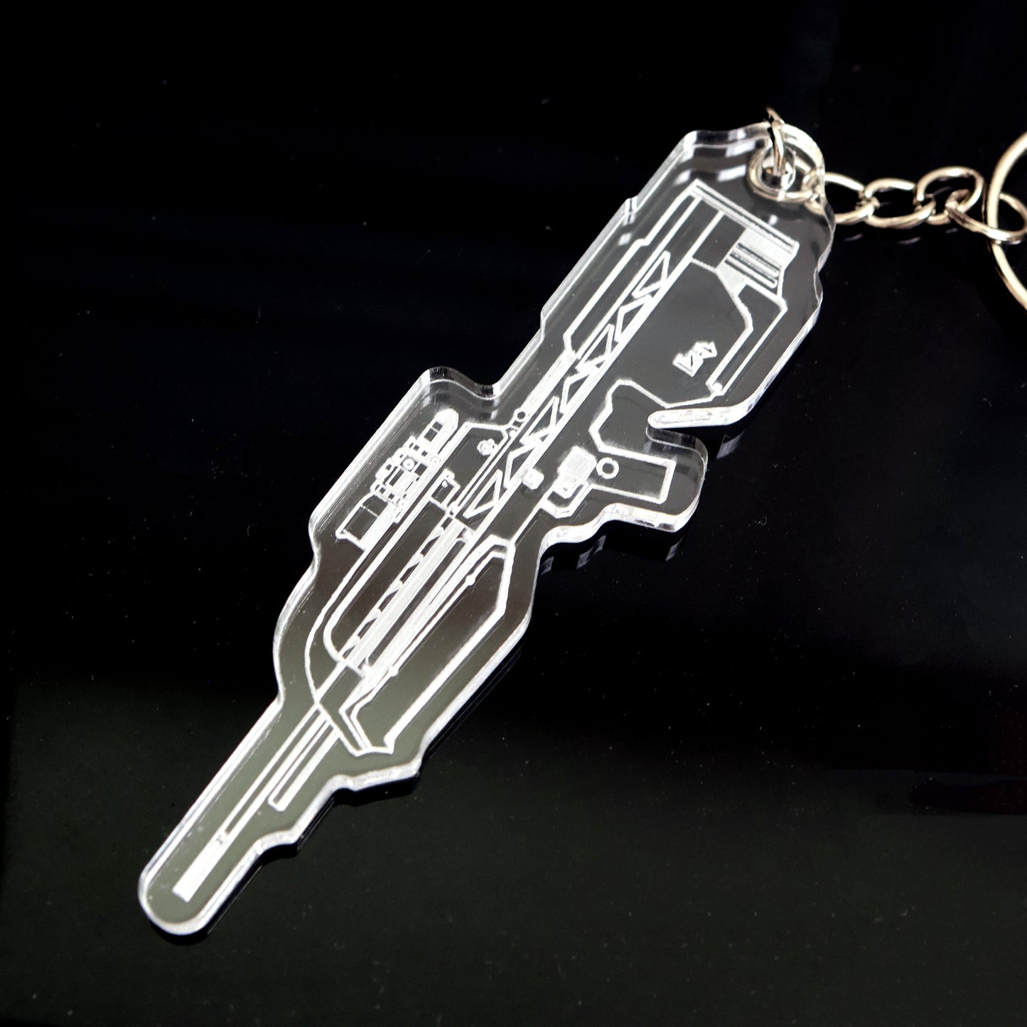 Clear acrylic Halo Battle Rifle keyring closeup