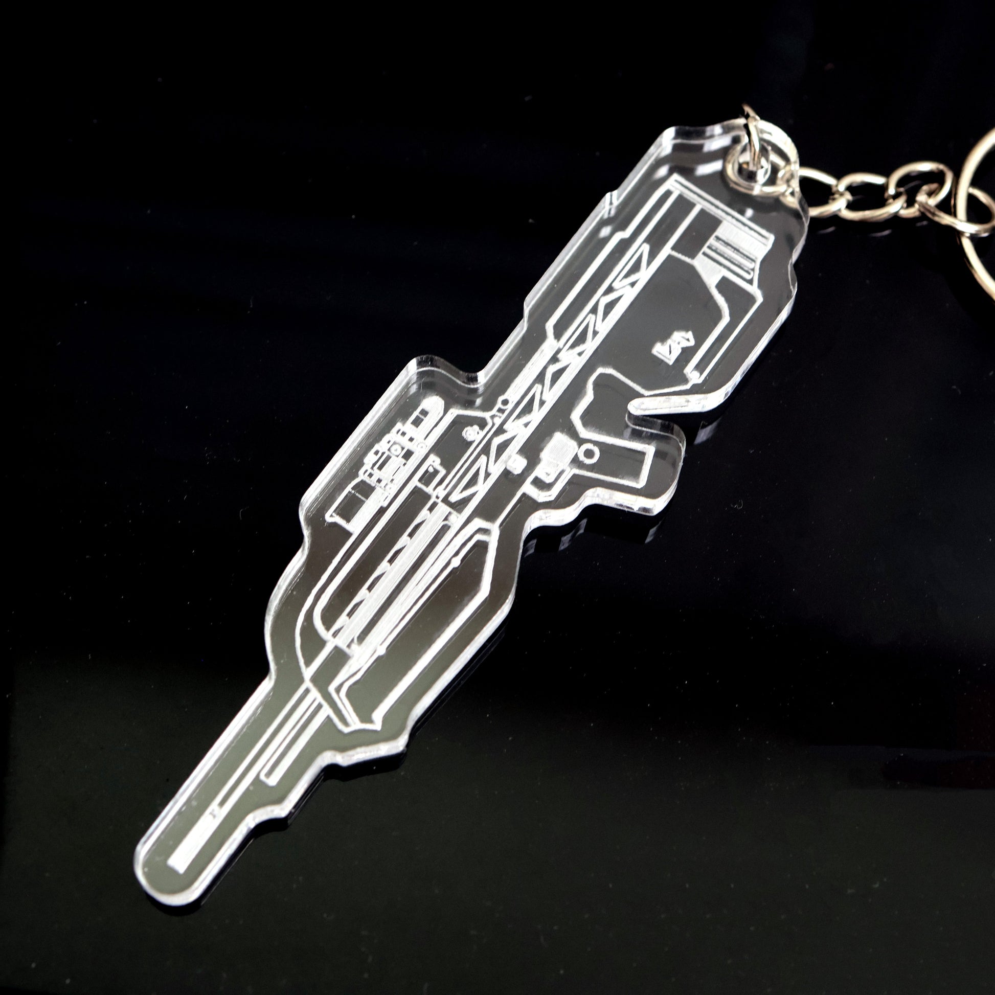 Clear acrylic Halo Battle Rifle keyring closeup