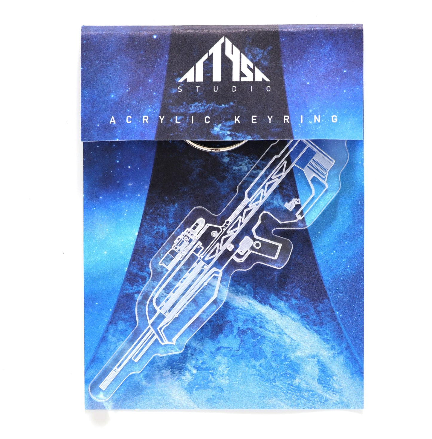 Clear acrylic Halo Battle Rifle keyring with packaging