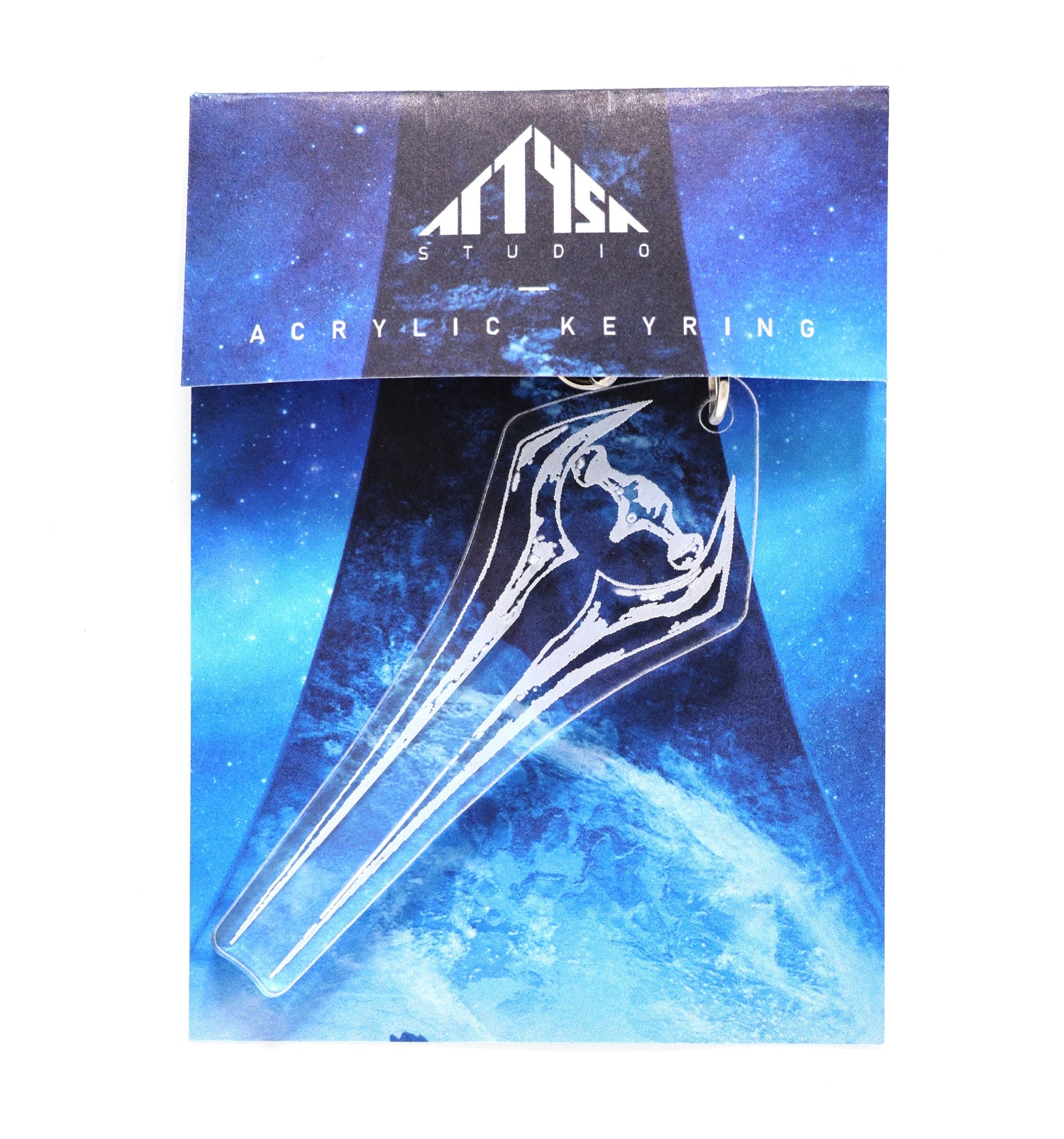 Halo Energy Sword acrylic keyring with packaging.