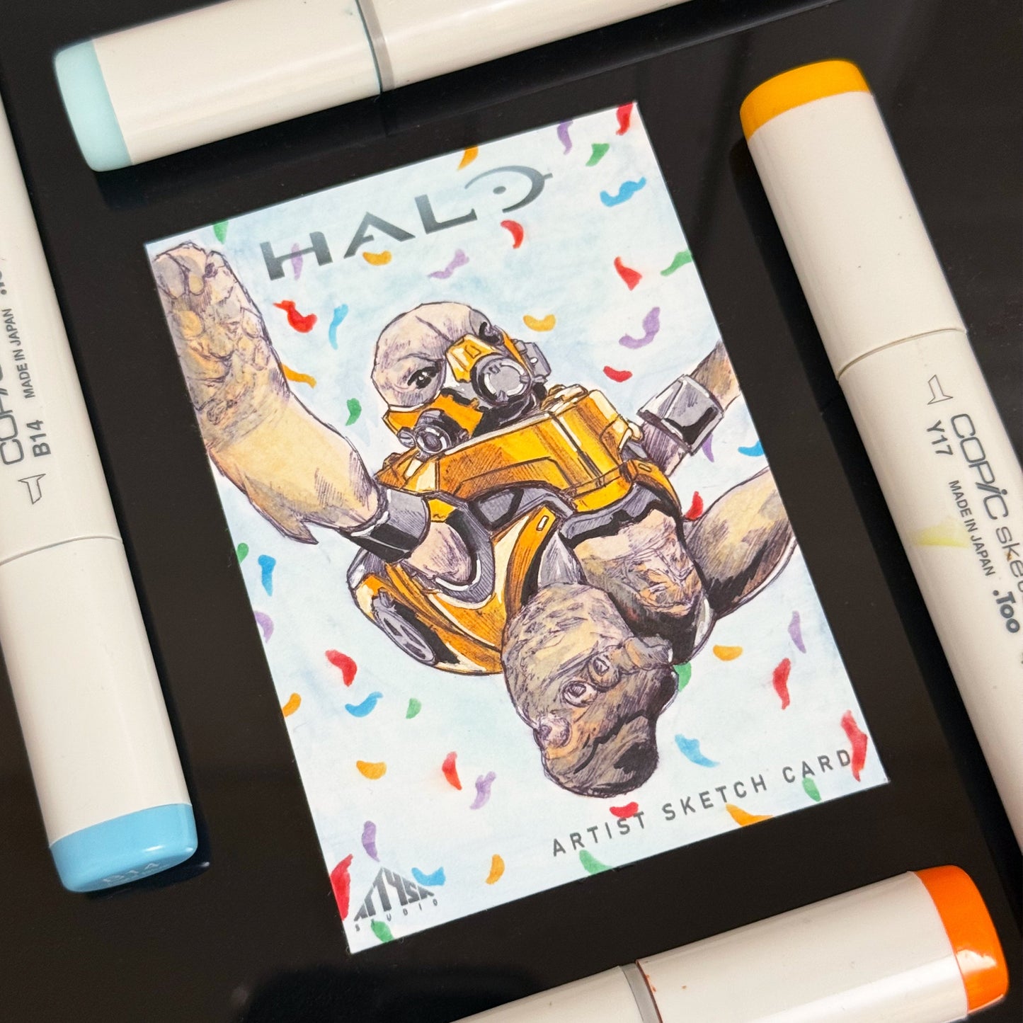 Premium collector’s sketch card showcasing Entransing’s original Grunt Birthday Party illustration.
