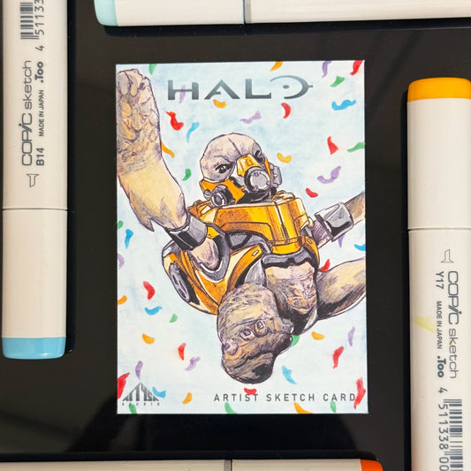 Hand‑drawn Halo Grunt Birthday Party sketch card with confetti on in‑house Community Card stock.