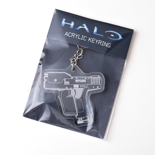Halo inspired Magnum Pistol design acrylic keychain, gaming merch accessory, unisex fandom gift.