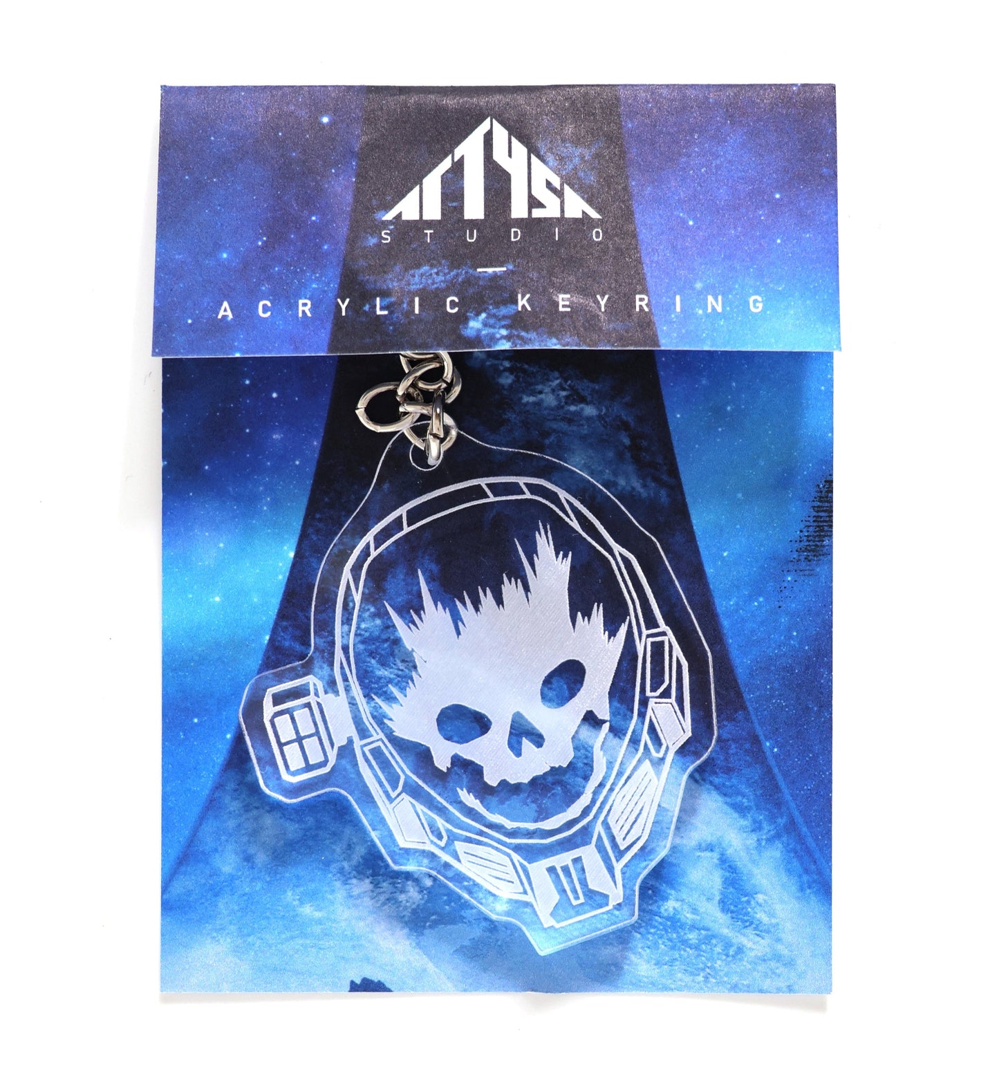 Acrylic keyring with Halo Emile helmet design in packaging