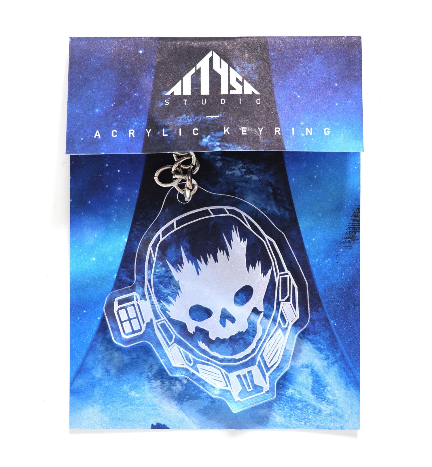 Acrylic keyring with Halo Emile helmet design in packaging