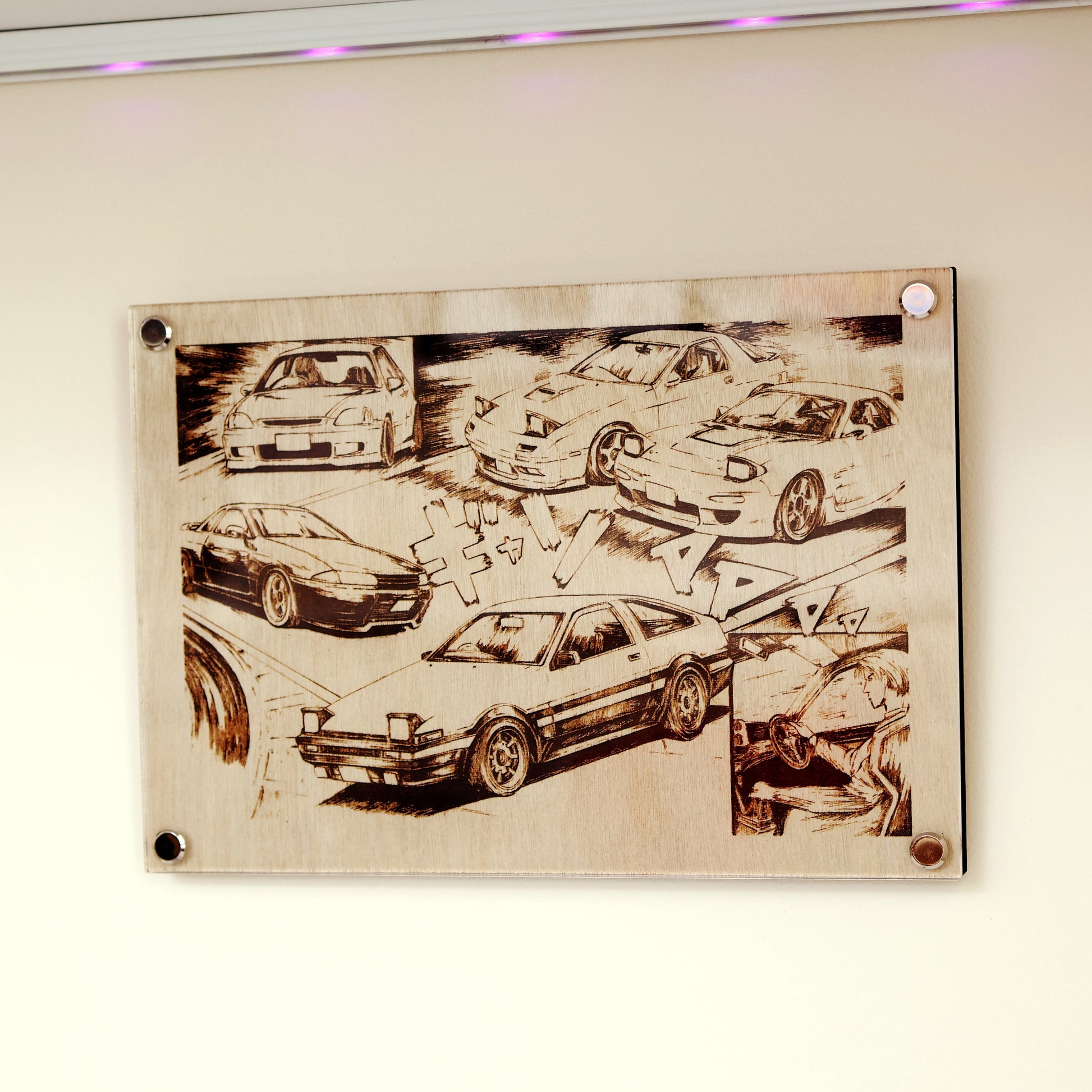 Unique Wall Art and Decor, Initial D inspired laser-engraved plaque – LayaBoard Art Initial D JDM Collage Edition.