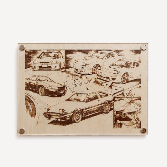 Unique wooden laser-engraved plaque, LayaBoard Art Initial D JDM Collage edition, with engraved images of Fujiwara’s AE86, Nakazato’s Skyline R32 GT-R, the Takahashi brothers’ RX-7s, and Shoji’s Civic.
