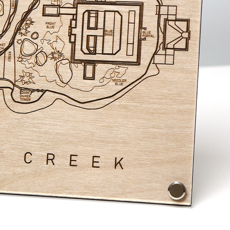 bottom right corner closeup of laser‑engraved Battle Creek map on LayaBoard.