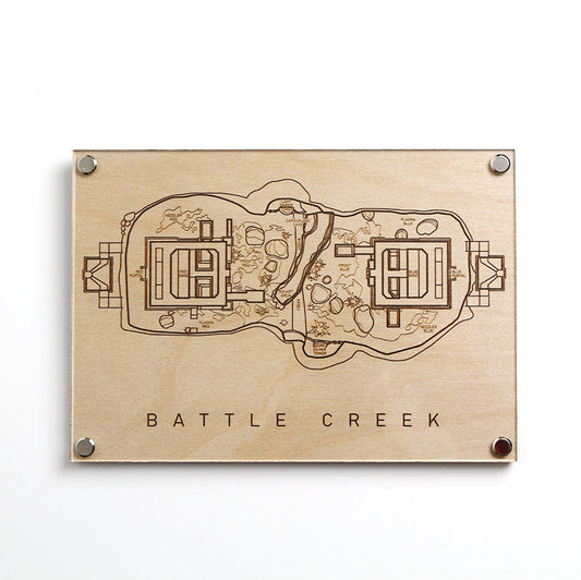 Laser‑engraved Battle Creek map on LayaBoard, featuring detailed etched bases and terrain inspired by the Halo multiplayer arena.