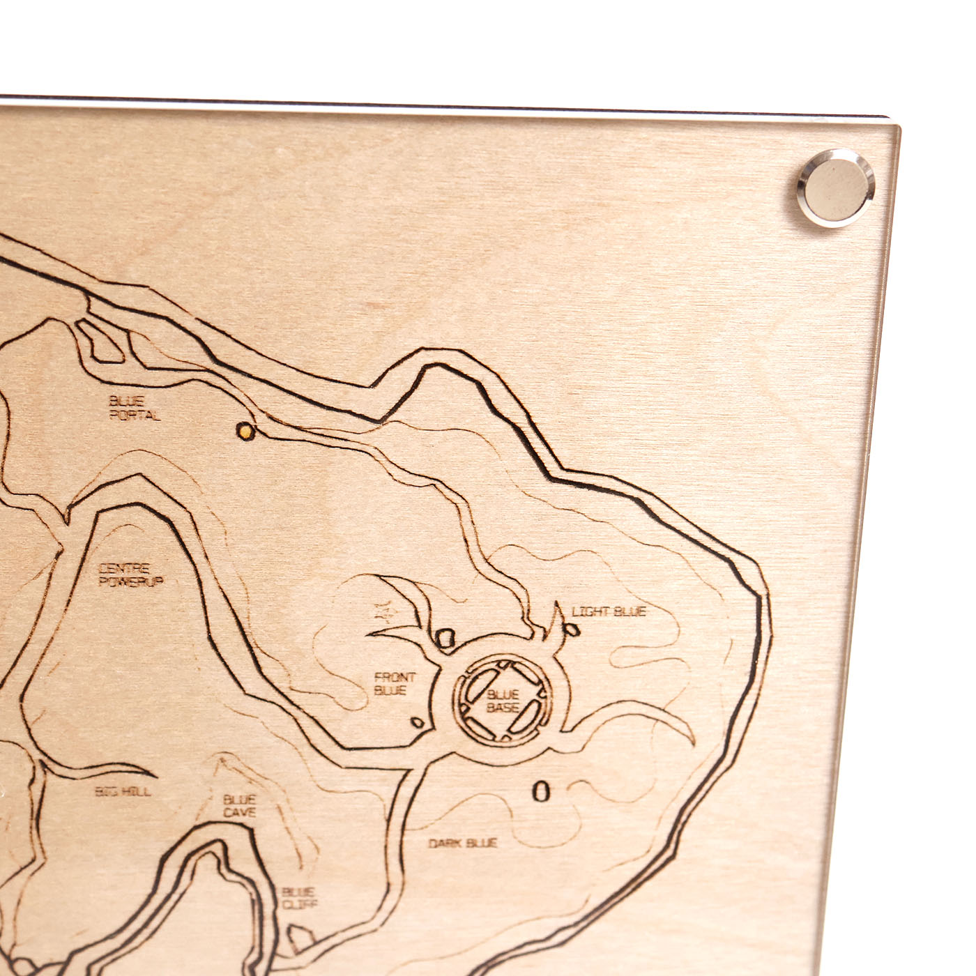 Laser‑engraved A5 Blood Gulch map diagram with blue base callouts close-up