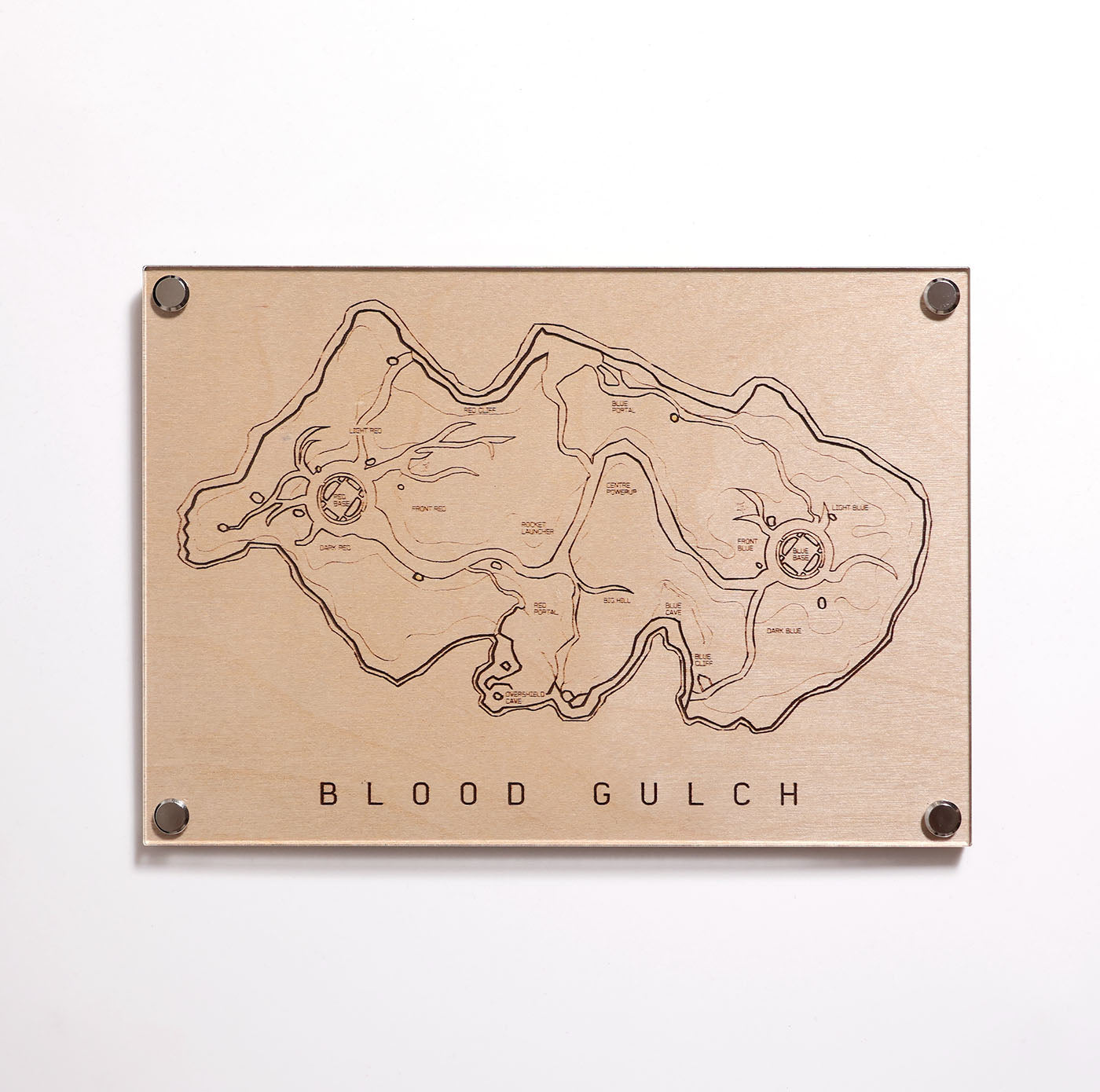 Halo‑inspired engraved Blood Gulch map plaque for gaming décor.