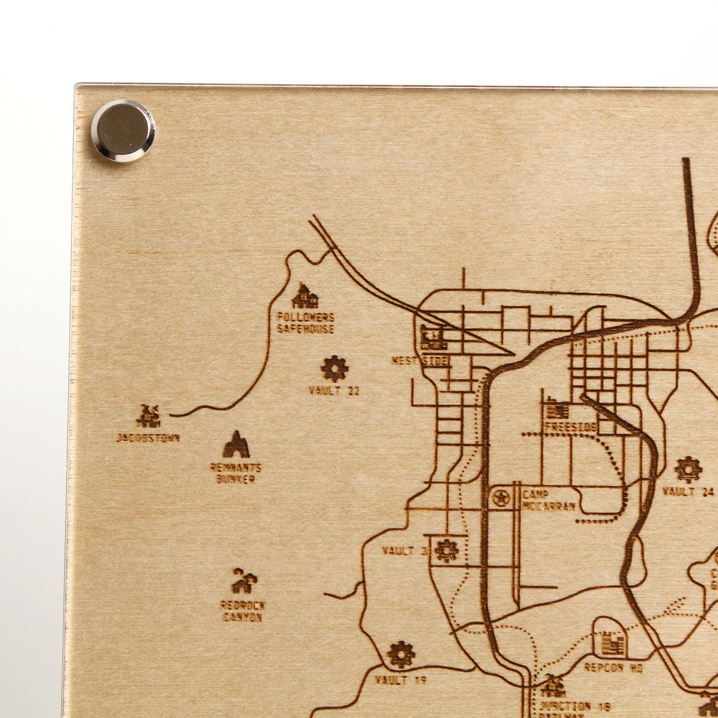 Top left corner closeup of laser‑engraved Mojave Wasteland map diagram inspired by Fallout New Vegas.