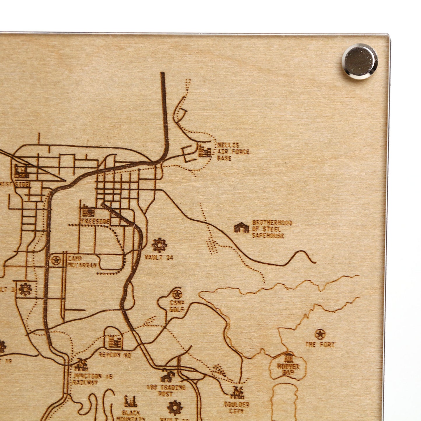 Top right corner closeup of laser‑engraved Mojave Wasteland map diagram inspired by Fallout New Vegas.
