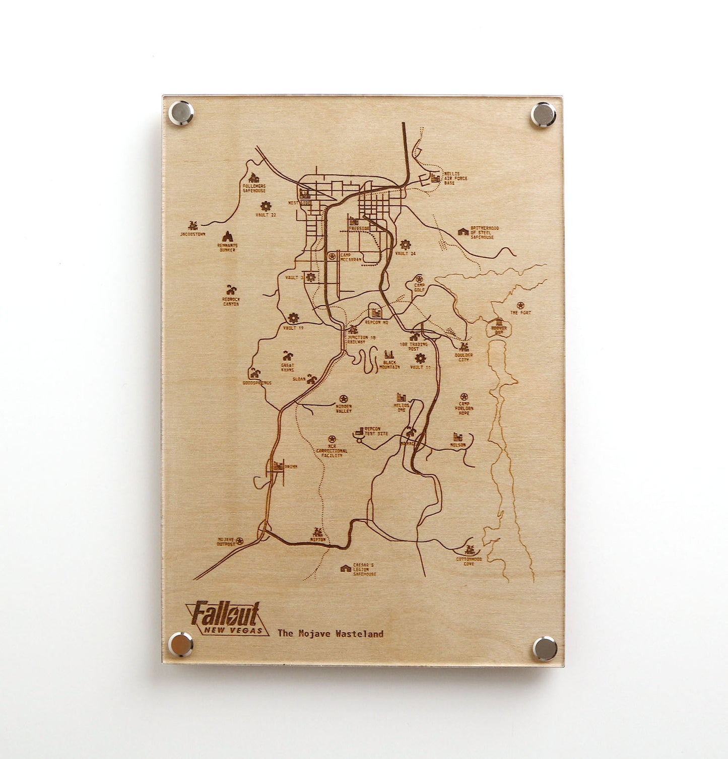 Laser‑engraved Mojave Wasteland map on LayaBoard inspired by Fallout New Vegas, featuring detailed etched landmarks, routes, and territories for minimalist gaming décor.