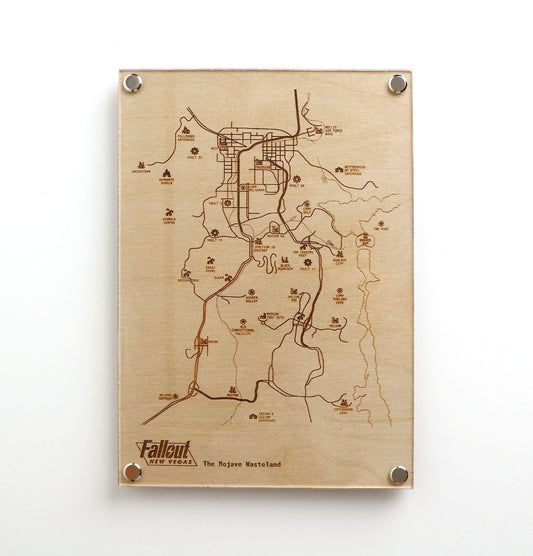 Laser‑engraved Mojave Wasteland map on LayaBoard inspired by Fallout New Vegas, featuring detailed etched landmarks, routes, and territories for minimalist gaming décor.
