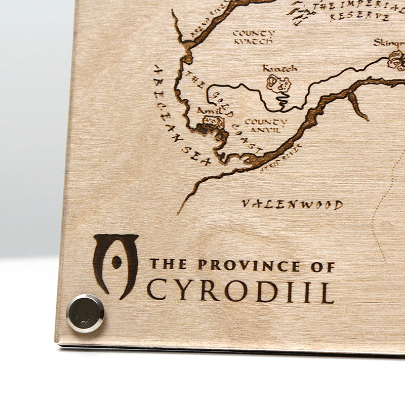 Closeup of bottom right corner of laser‑engraved map, The Province of Cyrodiil on LayaBoard, inspired by The Elder Scrolls IV: Oblivion.