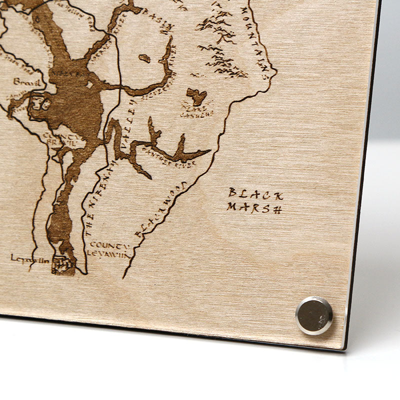 Closeup of bottom left corner of laser‑engraved map, The Province of Cyrodiil on LayaBoard, inspired by The Elder Scrolls IV: Oblivion.