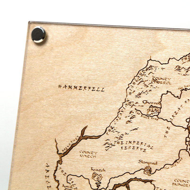 Closeup of top left corner of laser‑engraved map, The Province of Cyrodiil on LayaBoard, inspired by The Elder Scrolls IV: Oblivion.