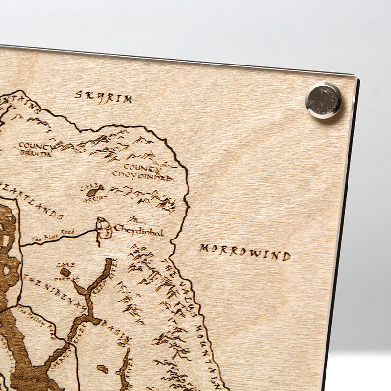 Closeup of top right corner of laser‑engraved map, The Province of Cyrodiil on LayaBoard, inspired by The Elder Scrolls IV: Oblivion.