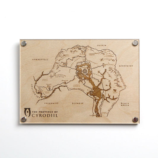 Laser‑engraved map of the Province of Cyrodiil on LayaBoard, featuring detailed etched regions and landmarks inspired by The Elder Scrolls IV: Oblivion.