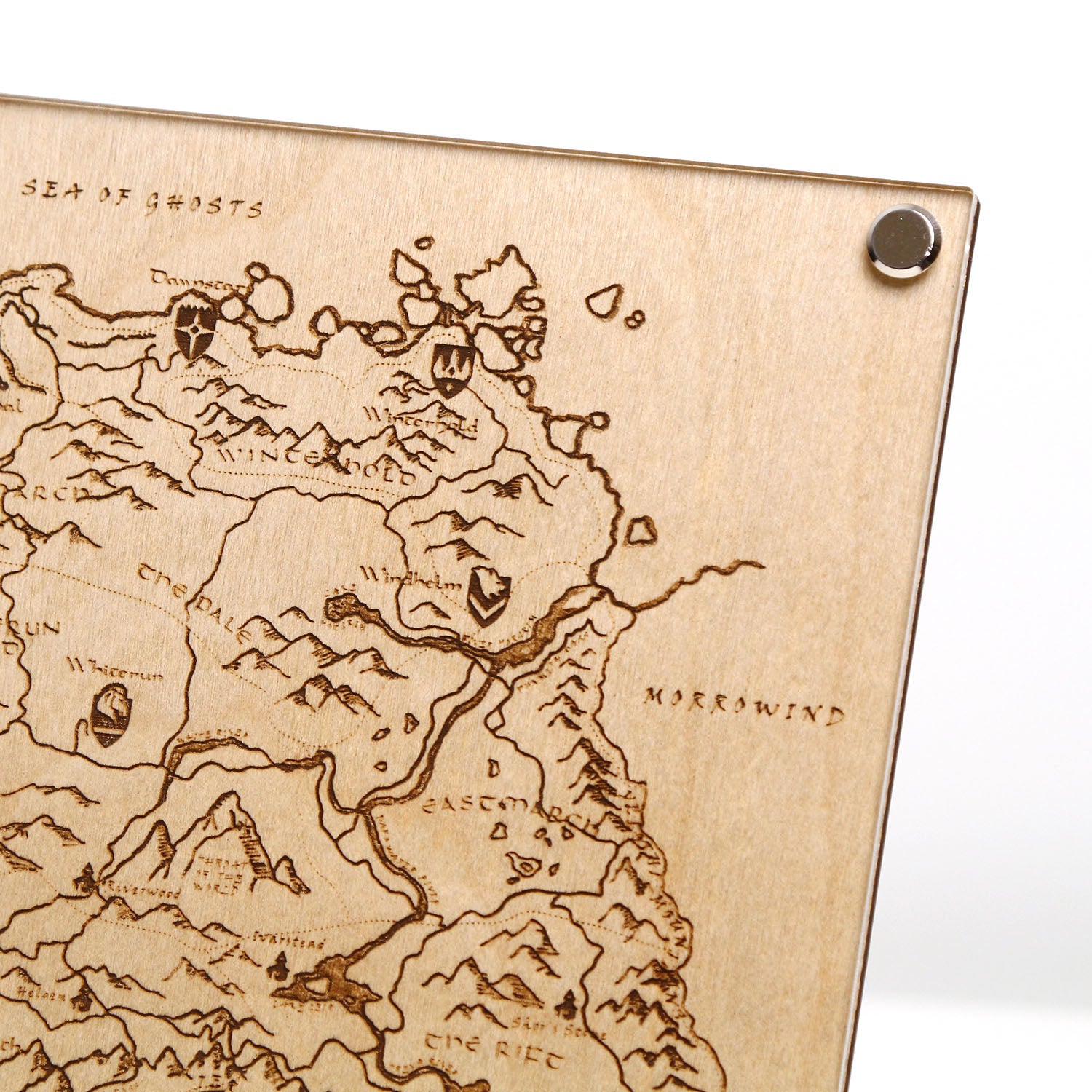 Top right corner closeup of laser‑engraved Province of Skyrim map, featuring detailed etched regions, mountains, and holds inspired by The Elder Scrolls V: Skyrim.