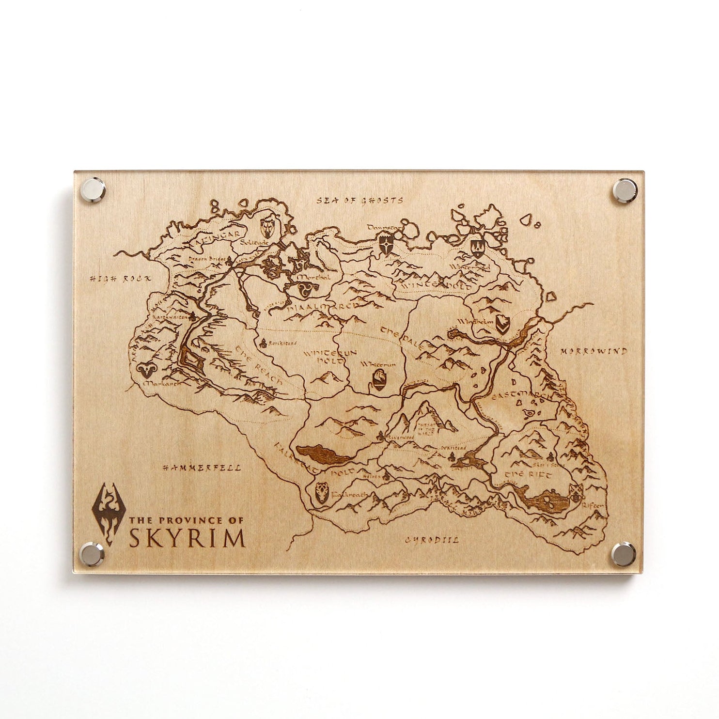 Laser‑engraved Province of Skyrim map on LayaBoard, featuring detailed etched regions, mountains, and holds inspired by The Elder Scrolls V: Skyrim.
