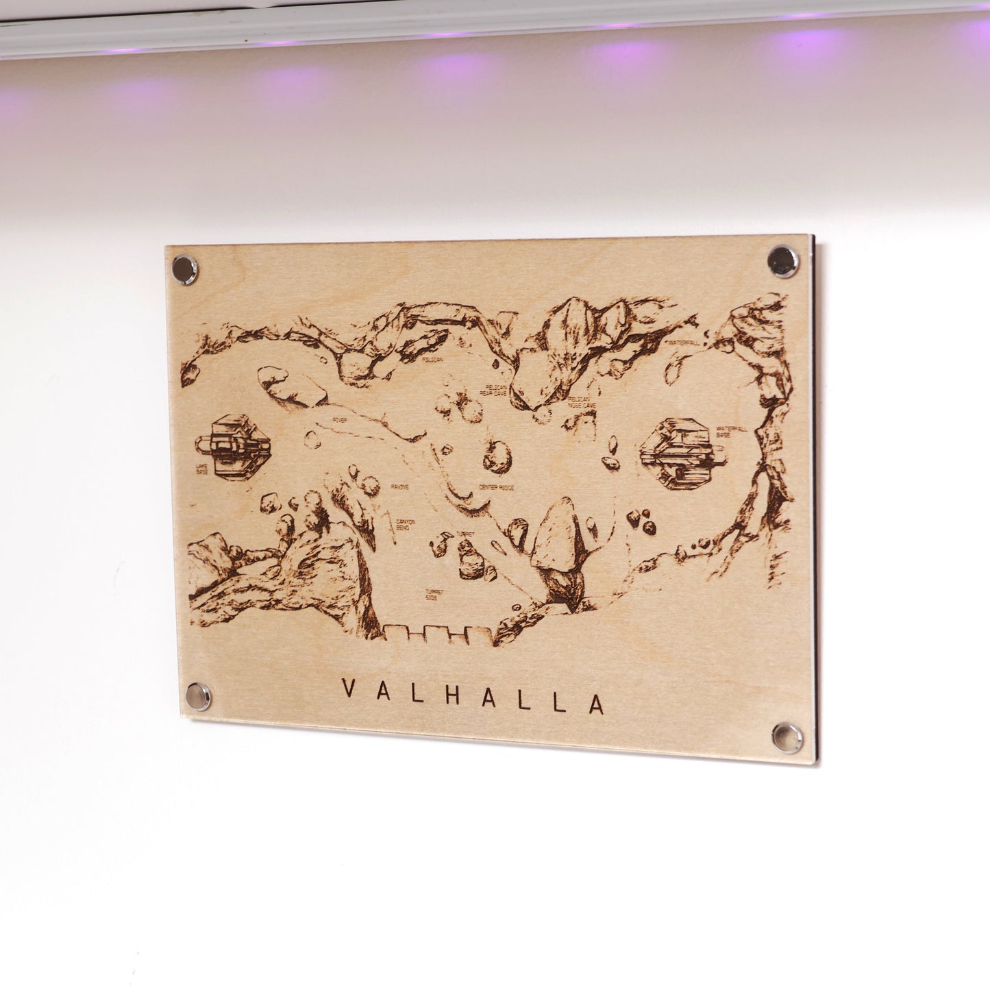 Unique Halo‑inspired Valhalla map art with crisp laser engraving on premium LayaBoard displayed on wall.