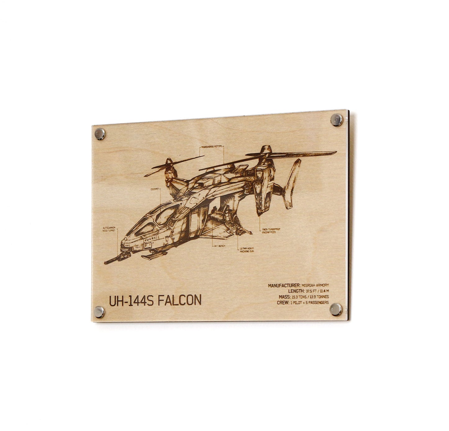 Laser‑engraved UH‑144S Falcon blueprint on LayaBoard displayed on wall, featuring detailed twin‑rotor aircraft linework and UNSC‑style technical annotations inspired by Halo.