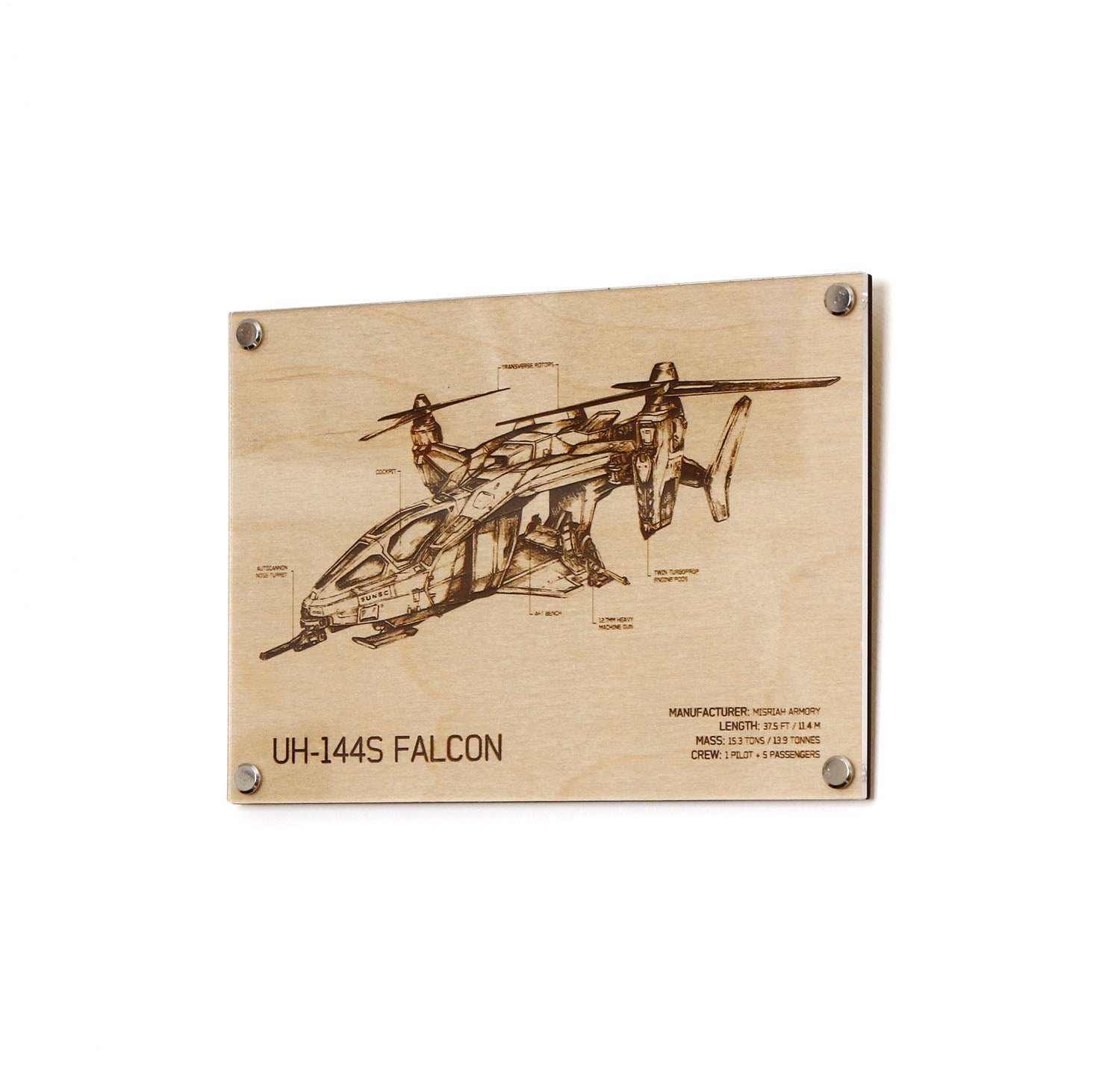 Laser‑engraved UH‑144S Falcon blueprint on LayaBoard displayed on wall, featuring detailed twin‑rotor aircraft linework and UNSC‑style technical annotations inspired by Halo.