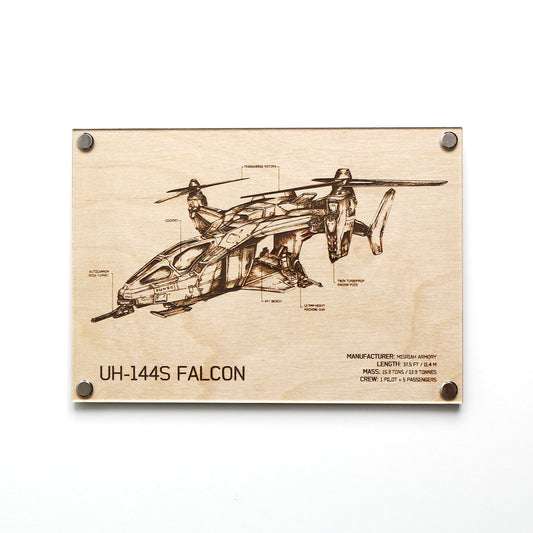 Laser‑engraved UH‑144S Falcon blueprint on LayaBoard, featuring detailed twin‑rotor aircraft linework and UNSC‑style technical annotations inspired by Halo.
