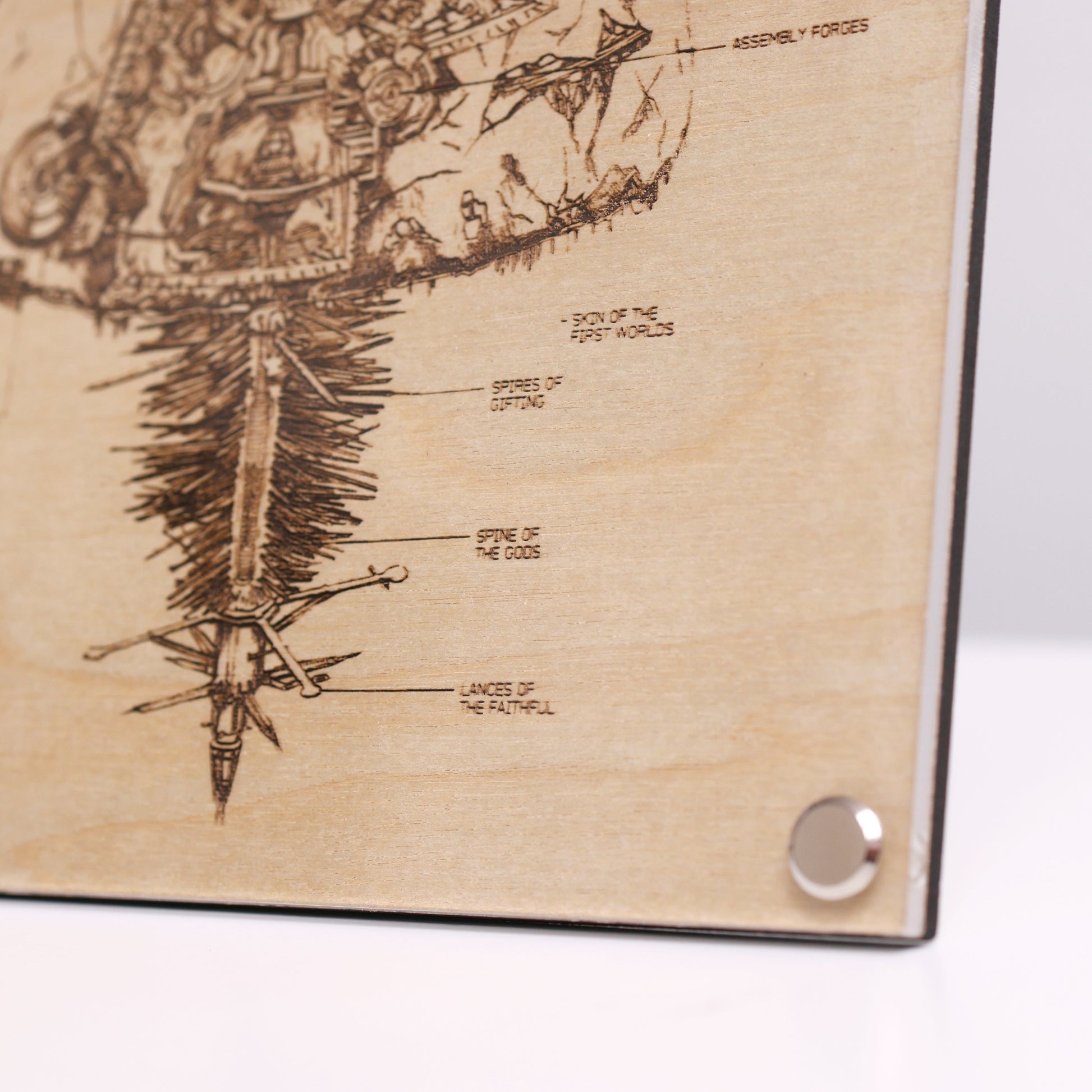Halo-inspired laser-engraved plaque showcasing the Covenant ship, High Charity, bottom right corner detail closeup.