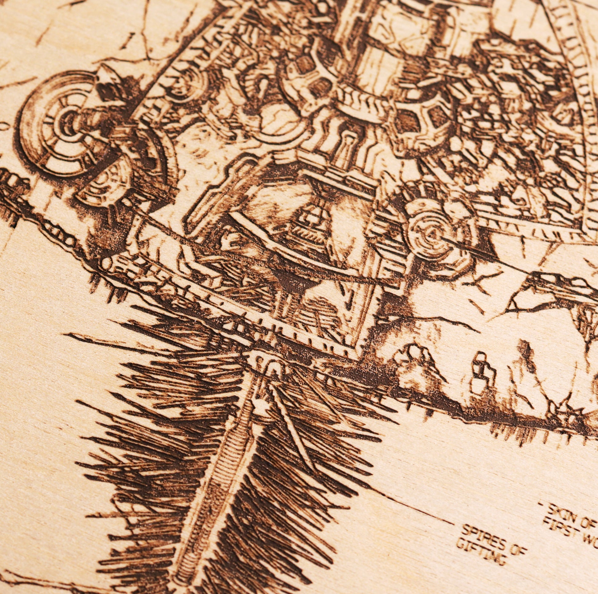 Halo-inspired laser-engraved plaque showcasing the Covenant ship, High Charity, in detail closeup.
